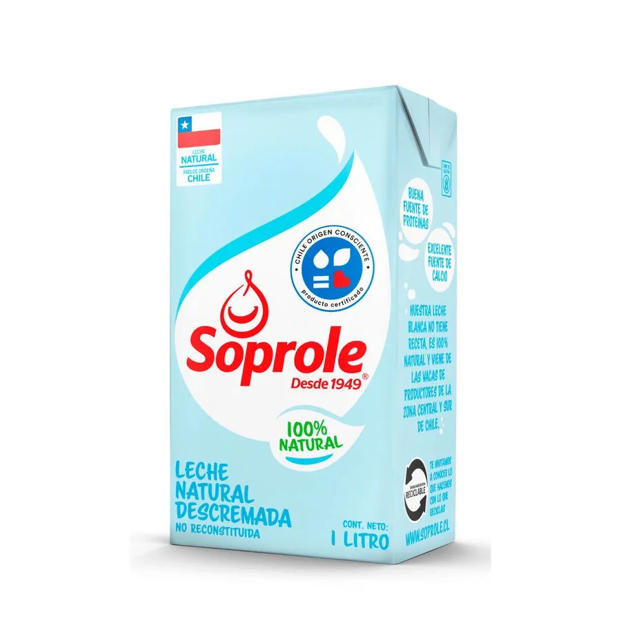 Leche Descremada Natural Soprole 1 Litro.