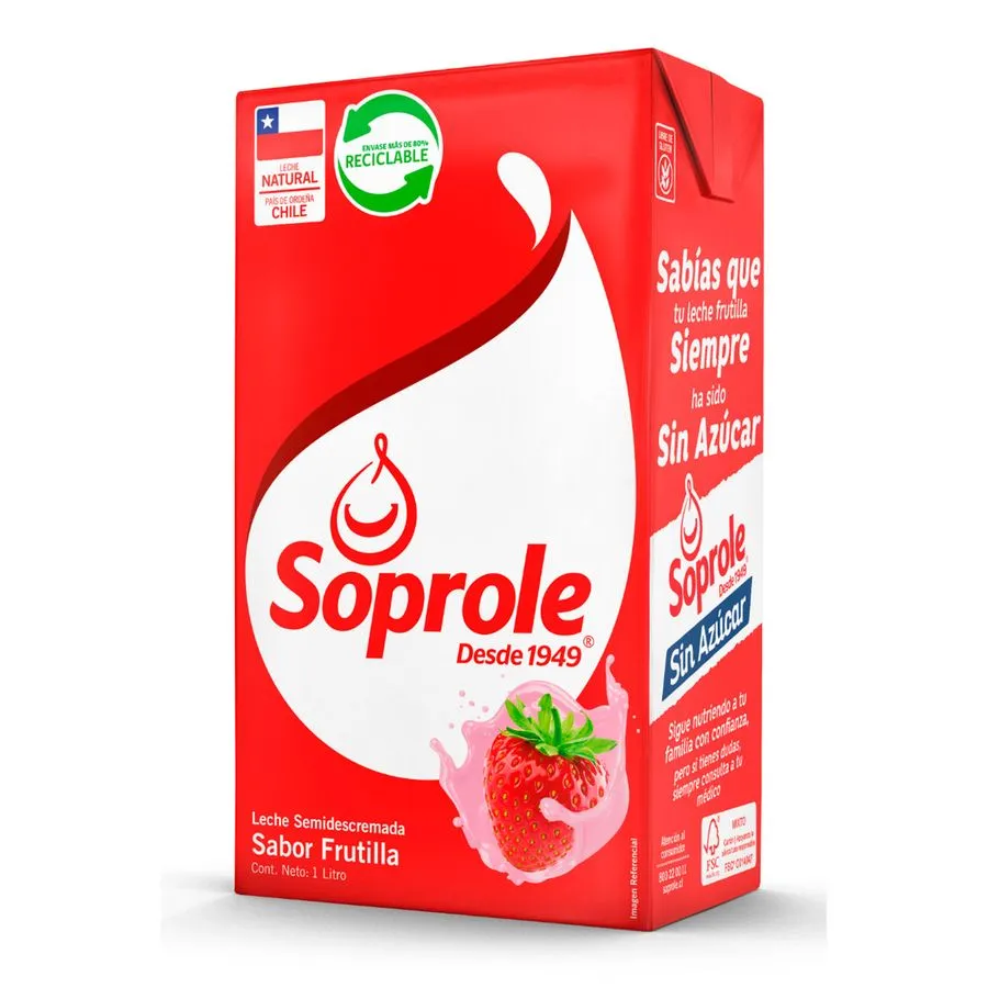 Leche Semidescremada Frutilla Soprole 1 Litro.