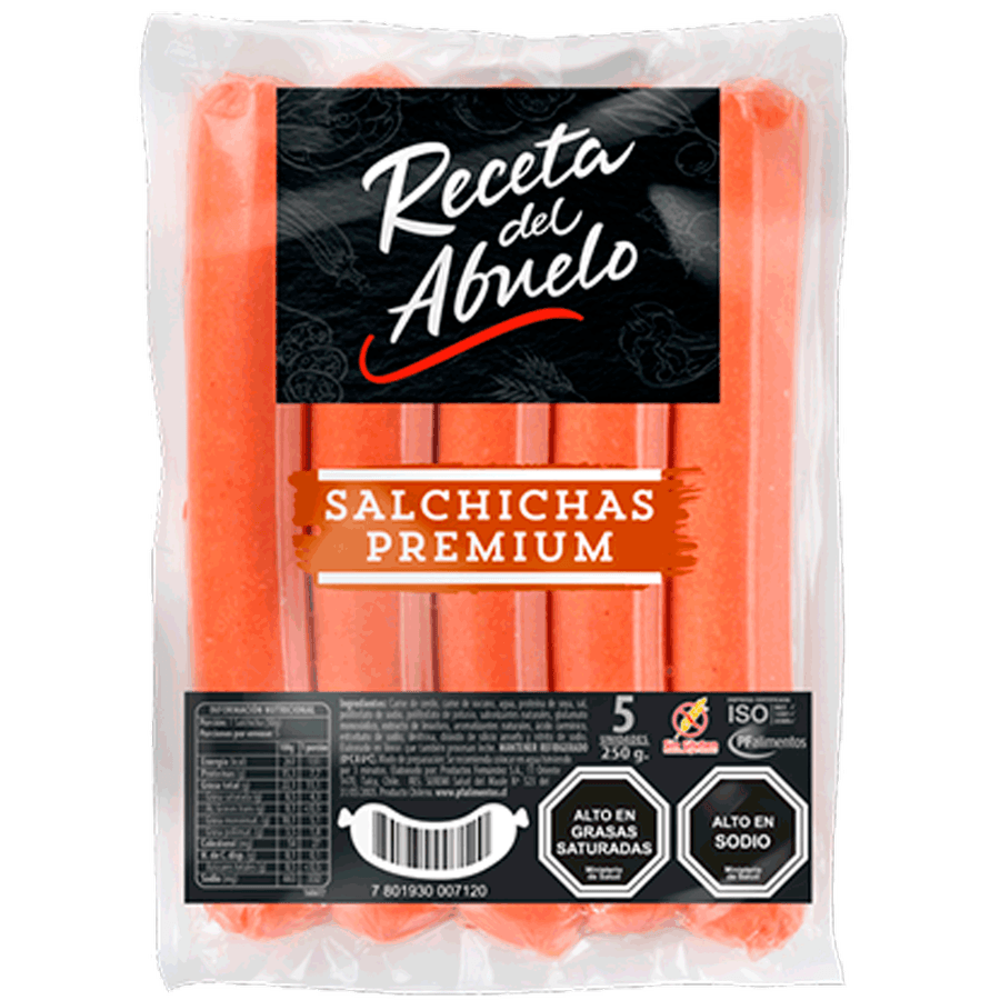 Salchichas Receta del Abuelo Premium 5 Unidades 250 Gramos.
